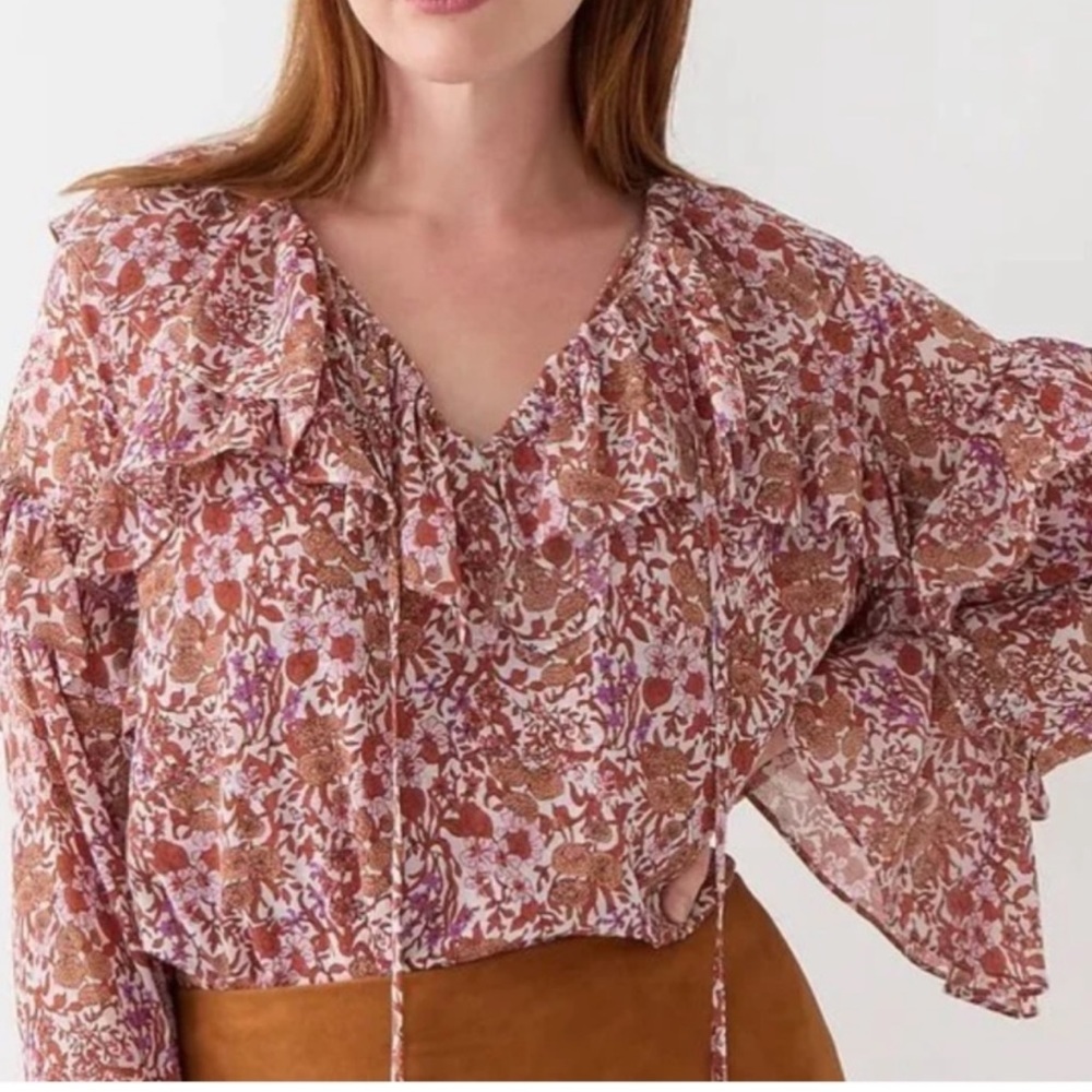 J. CREW Ruffle Ditzy Floral Chiffon Long Sleeve Blouse in Fete Floral NWT Small
